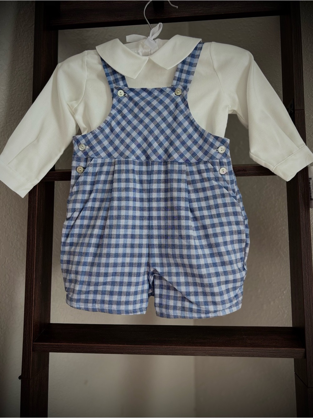 Classic Blue Gingham Baby Romper with Cream Shirt